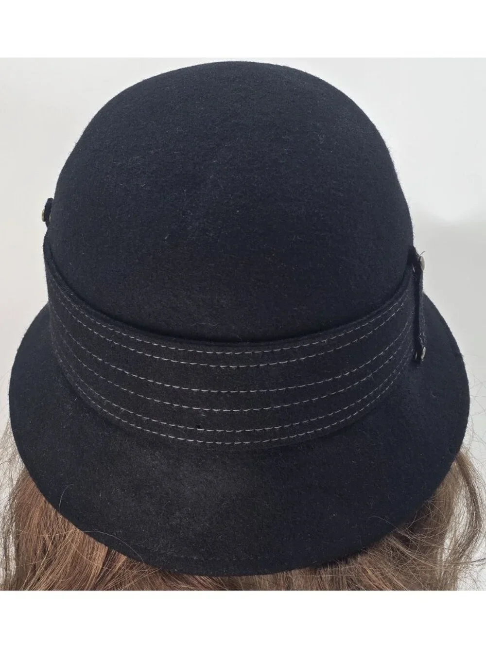 Scala Collezione Black Wool Cloche Hat Handcrafted Brass Buckle Stitching One Sz